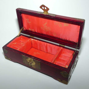 Mid Century Chinese Jewellery Box with Inset Jadeite Panels and Brass Corners