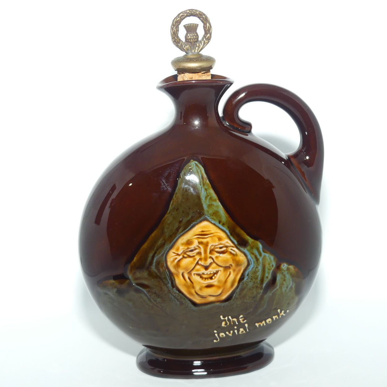 Royal Doulton Kingsware The Jovial Monk flat round flask | with stopper | Dewars