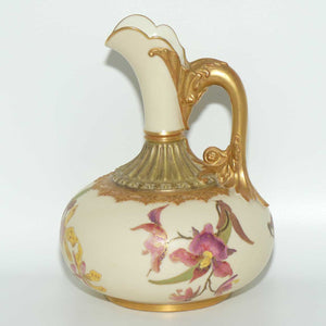 Royal Worcester Blush Ivory hand painted bulbous jug with orchid and dolphin handle (Smaller size)