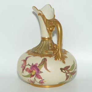 Royal Worcester Blush Ivory hand painted bulbous jug with orchid and dolphin handle (Smaller size)