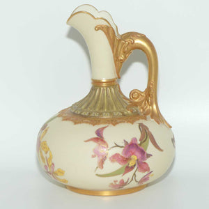 Royal Worcester Blush Ivory hand painted bulbous jug with orchid and dolphin handle (Smaller size)