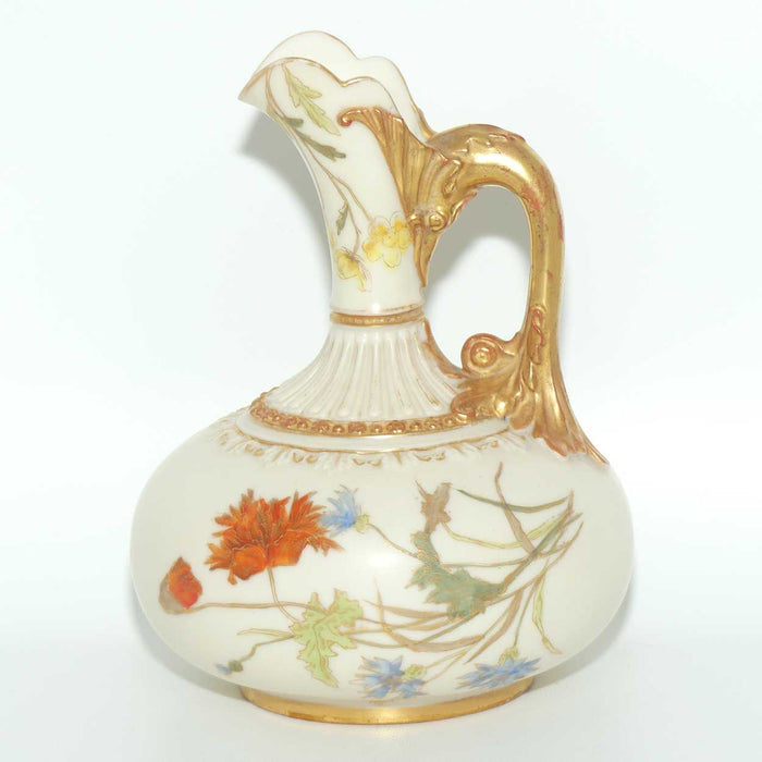 Royal Worcester Blush Ivory hand painted bulbous jug with poppies and dolphin handle (Smaller size)