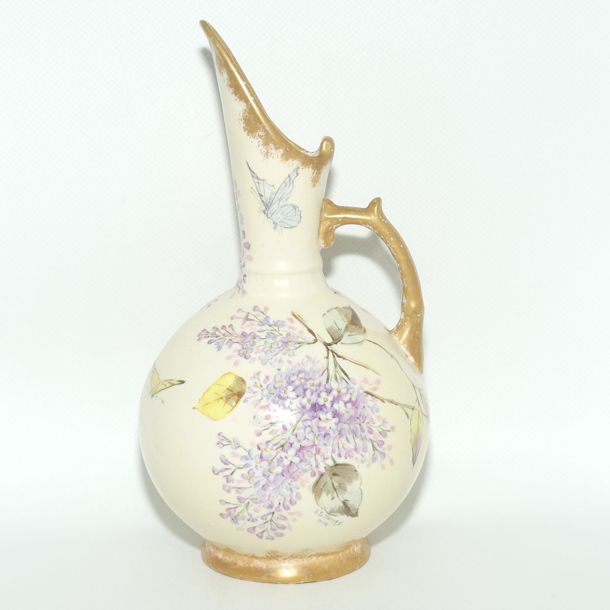 Early Australian China Painted Flowers and Butterflies ewer | Ethel L Thomas 1906