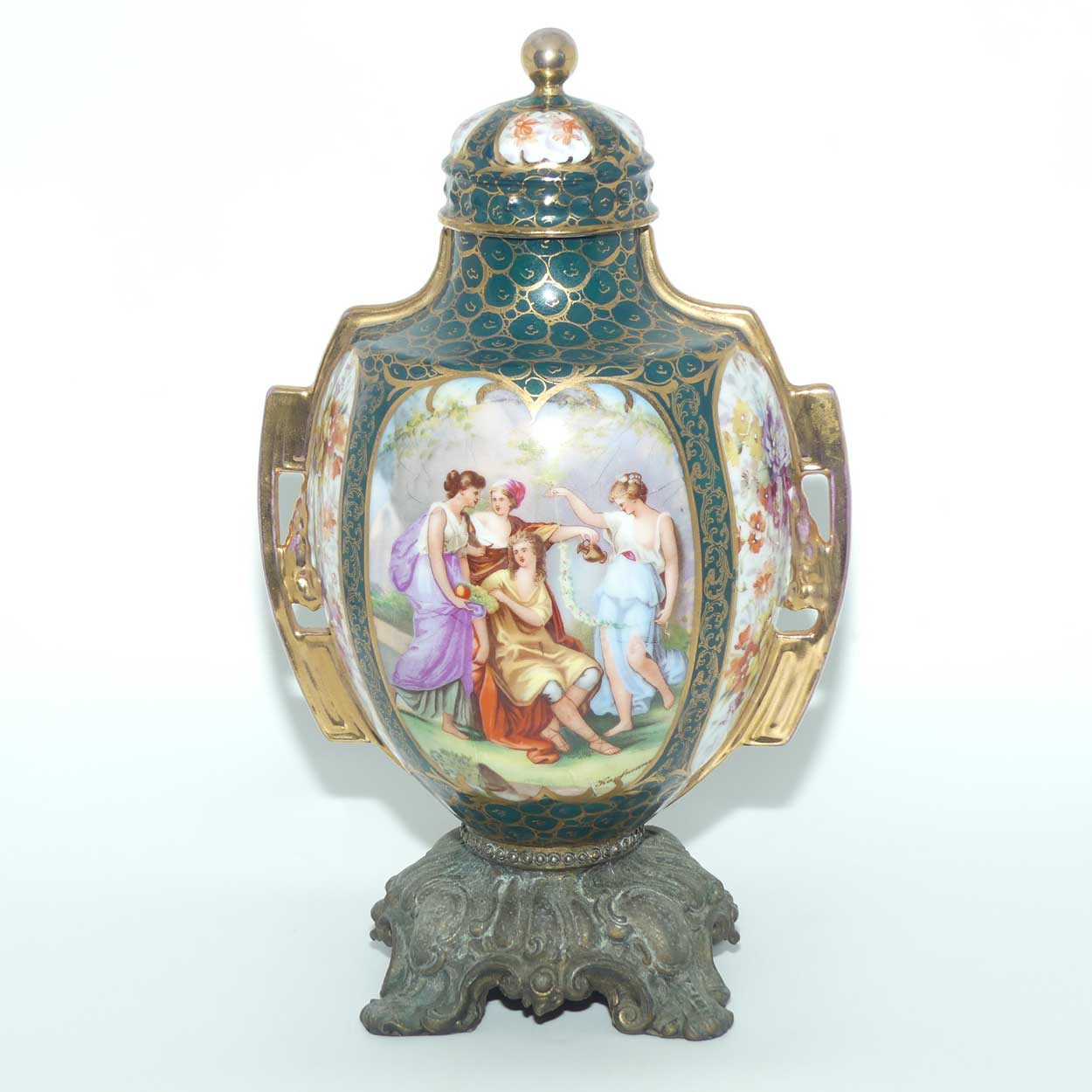 19th Century Porcelain Lidded Urn with Neoclassical scenes on Spelter base
