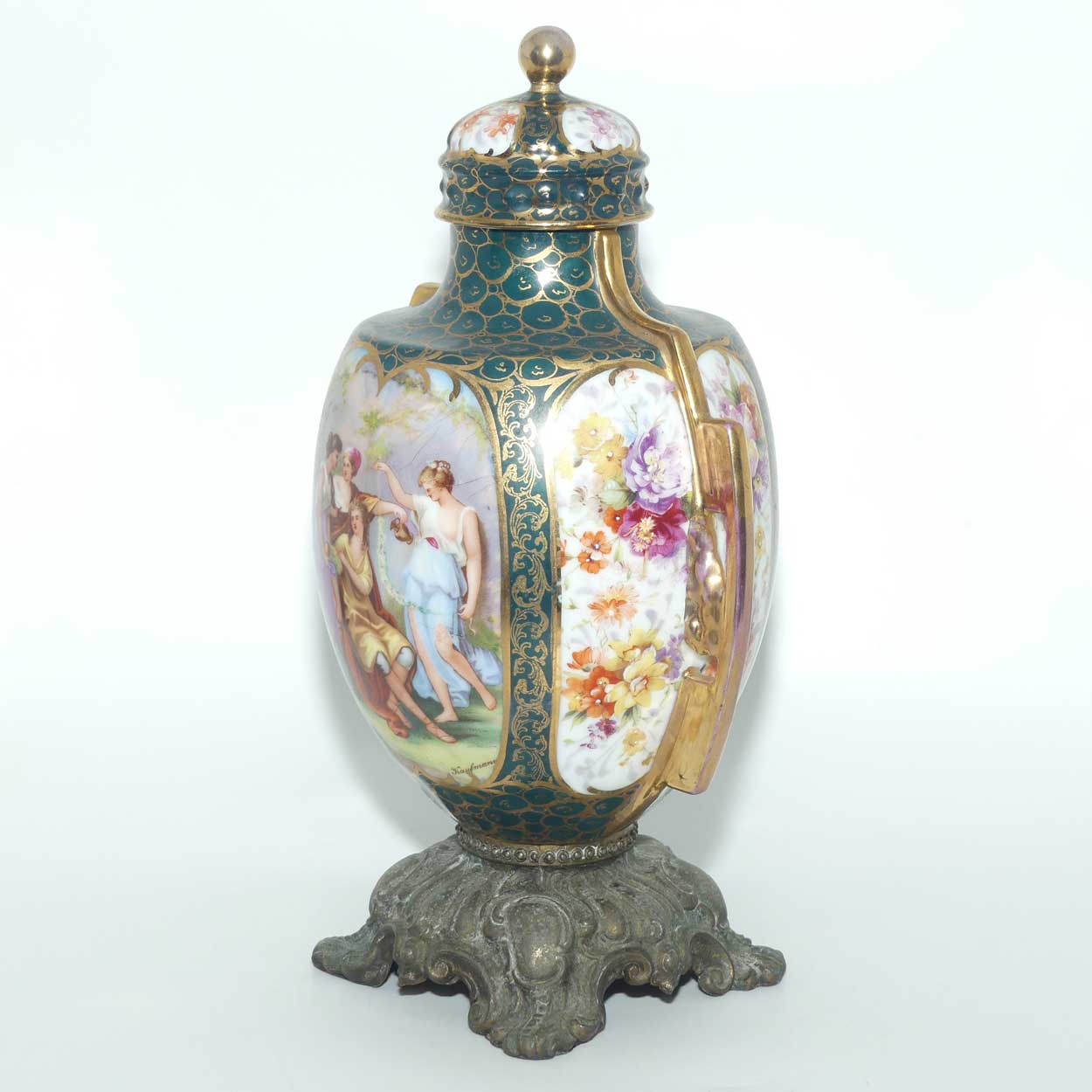 19th Century Porcelain Lidded Urn with Neoclassical scenes on Spelter base