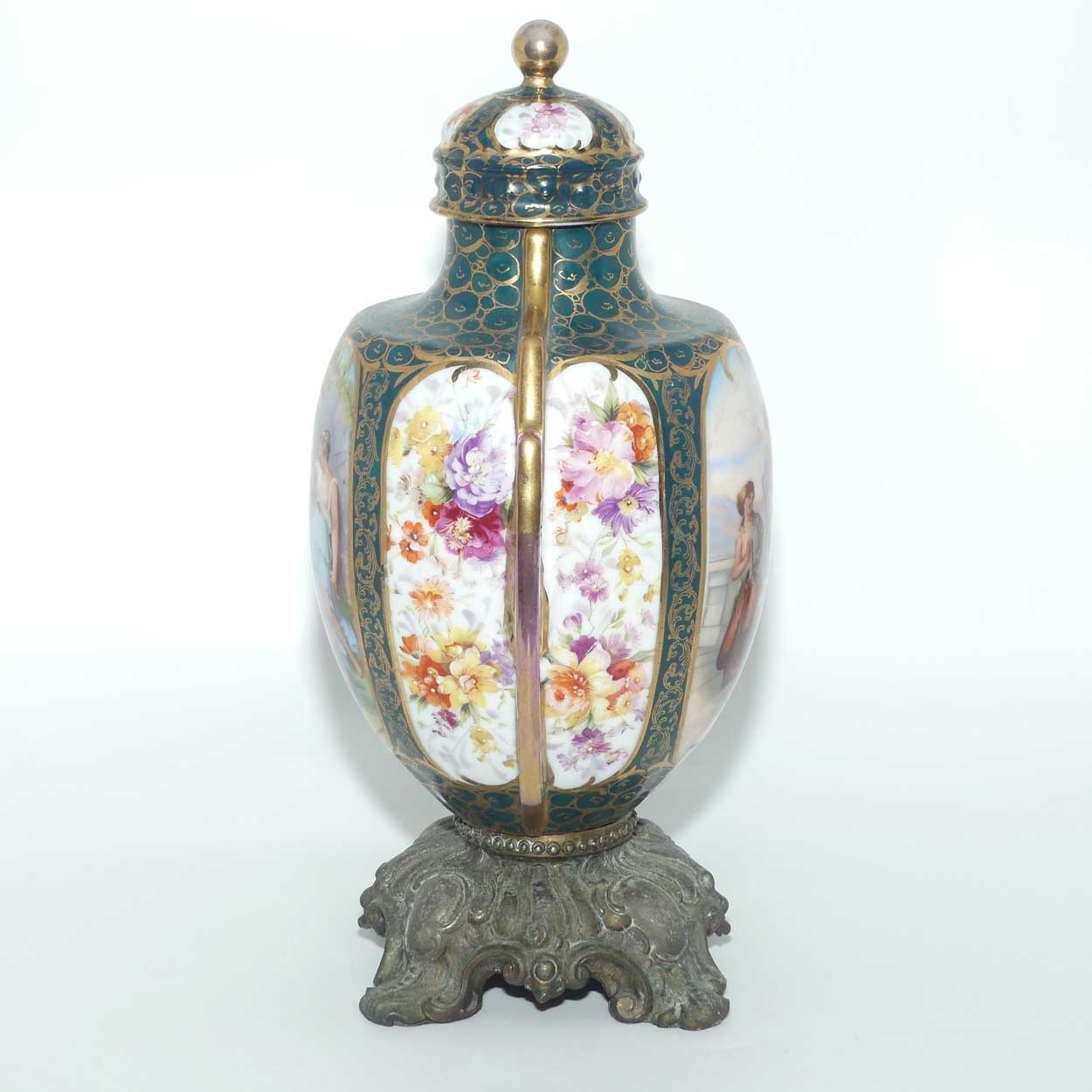 19th Century Porcelain Lidded Urn with Neoclassical scenes on Spelter base