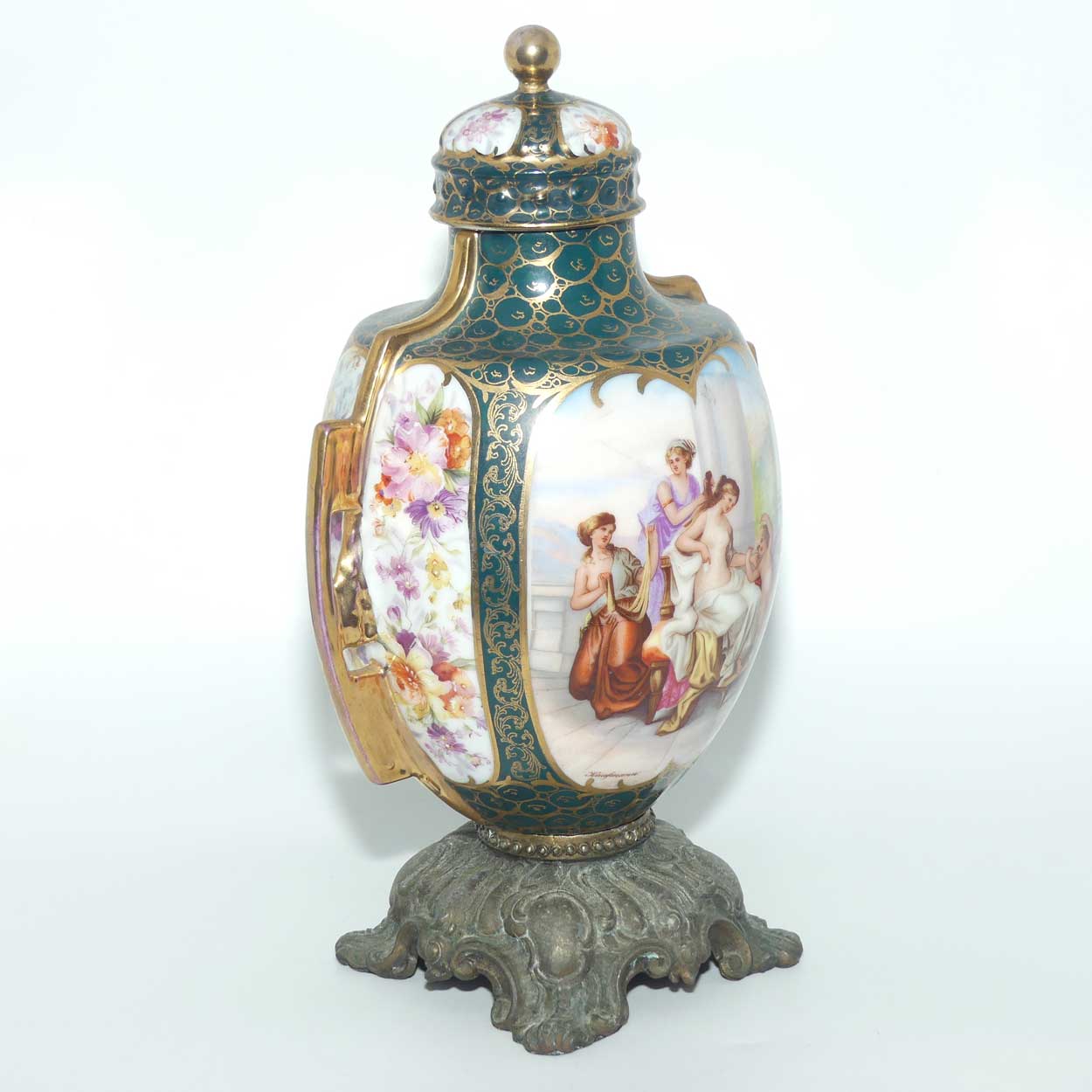 19th Century Porcelain Lidded Urn with Neoclassical scenes on Spelter base