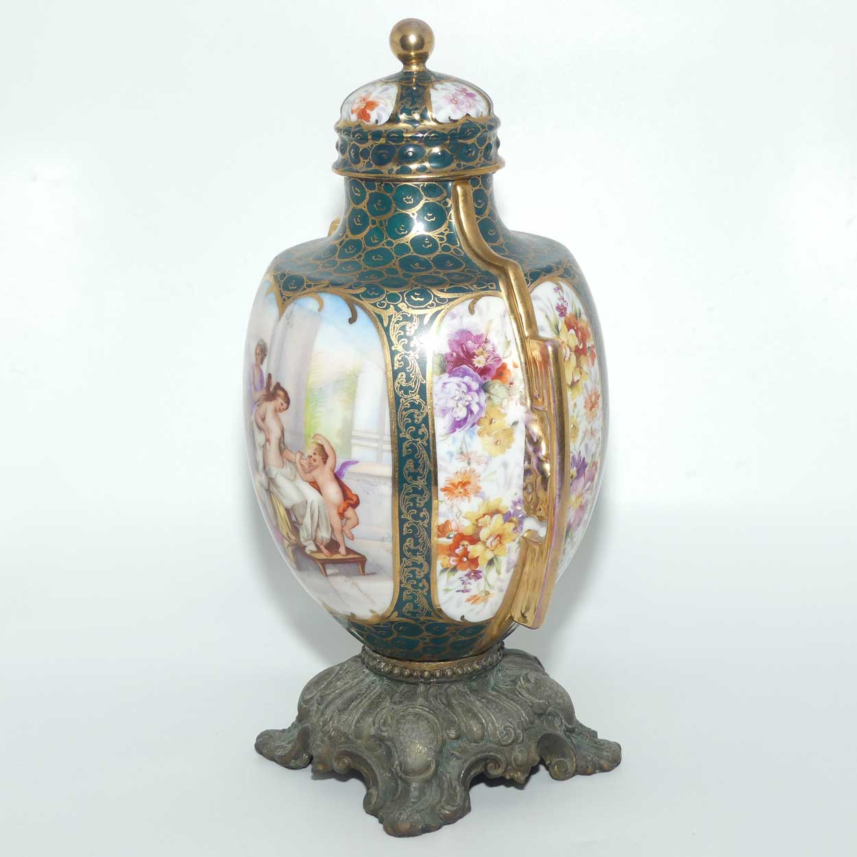 19th Century Porcelain Lidded Urn with Neoclassical scenes on Spelter base