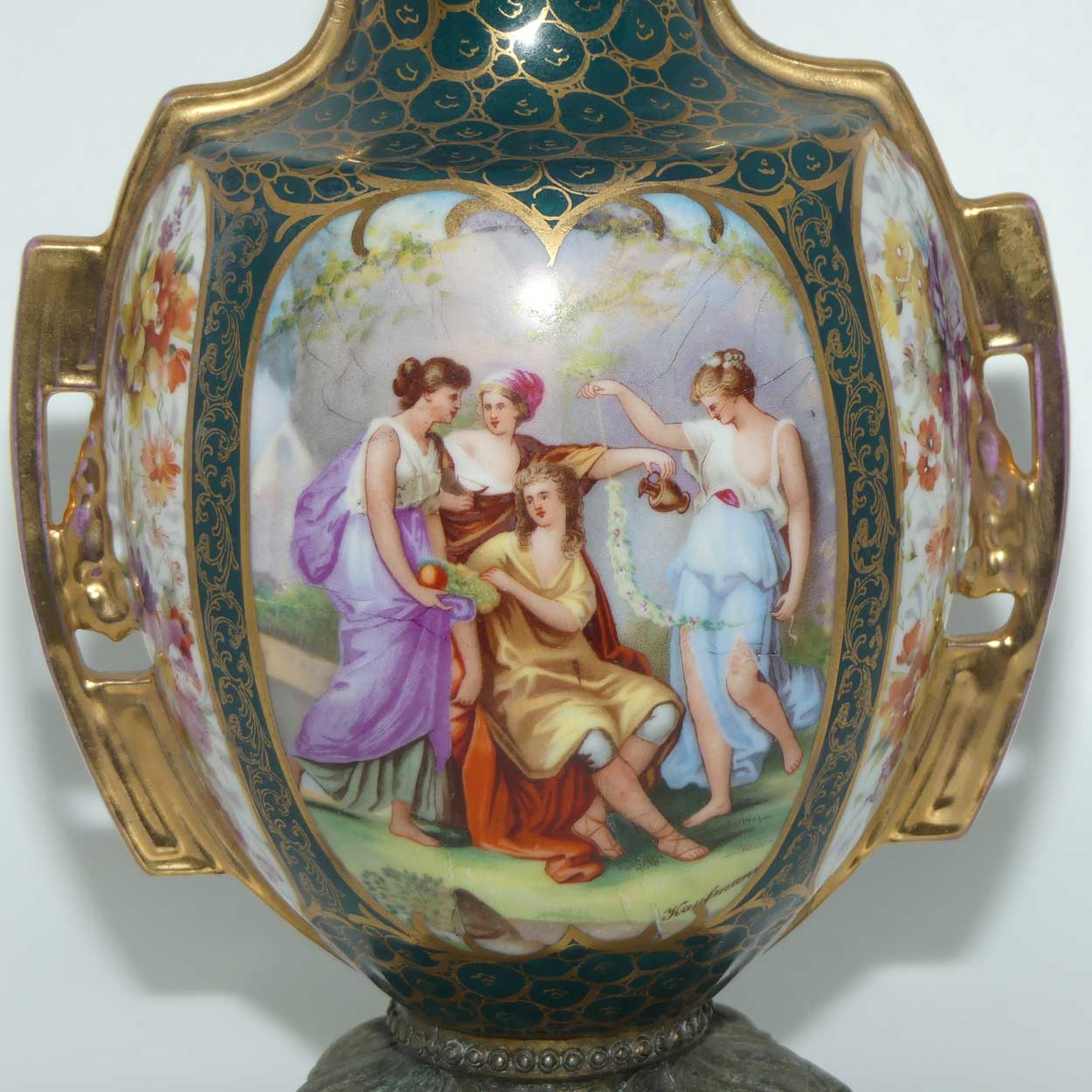 19th Century Porcelain Lidded Urn with Neoclassical scenes on Spelter base