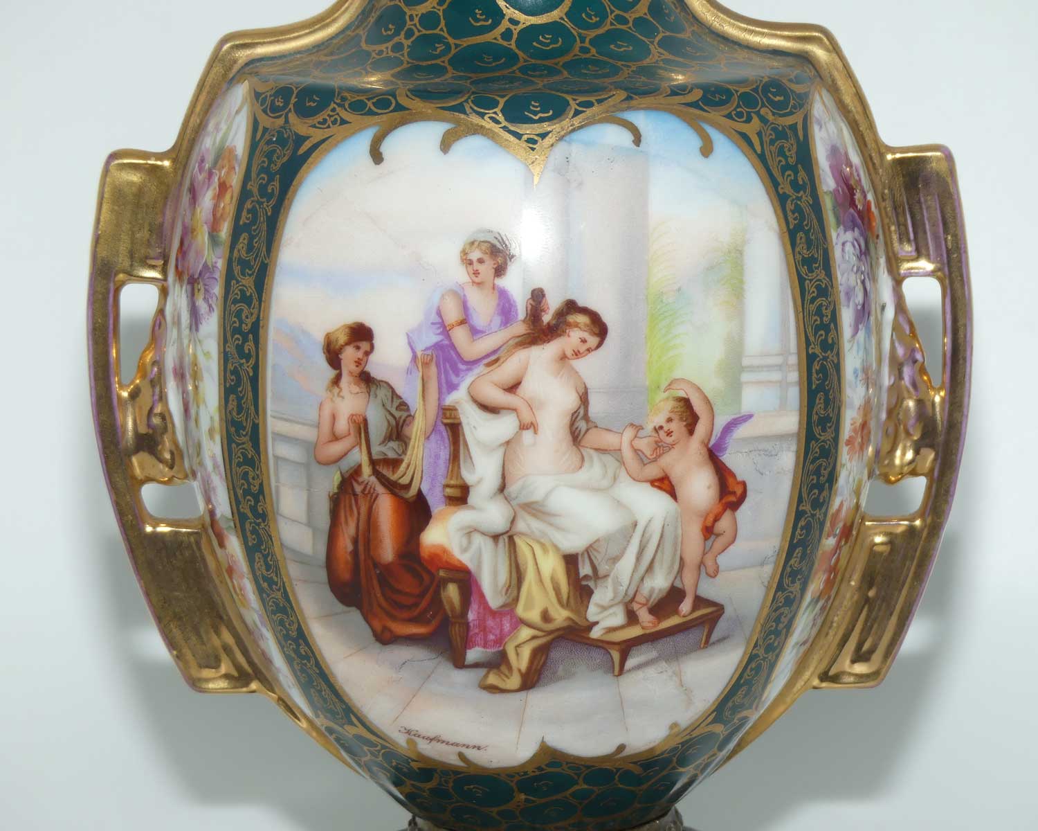 19th Century Porcelain Lidded Urn with Neoclassical scenes on Spelter base
