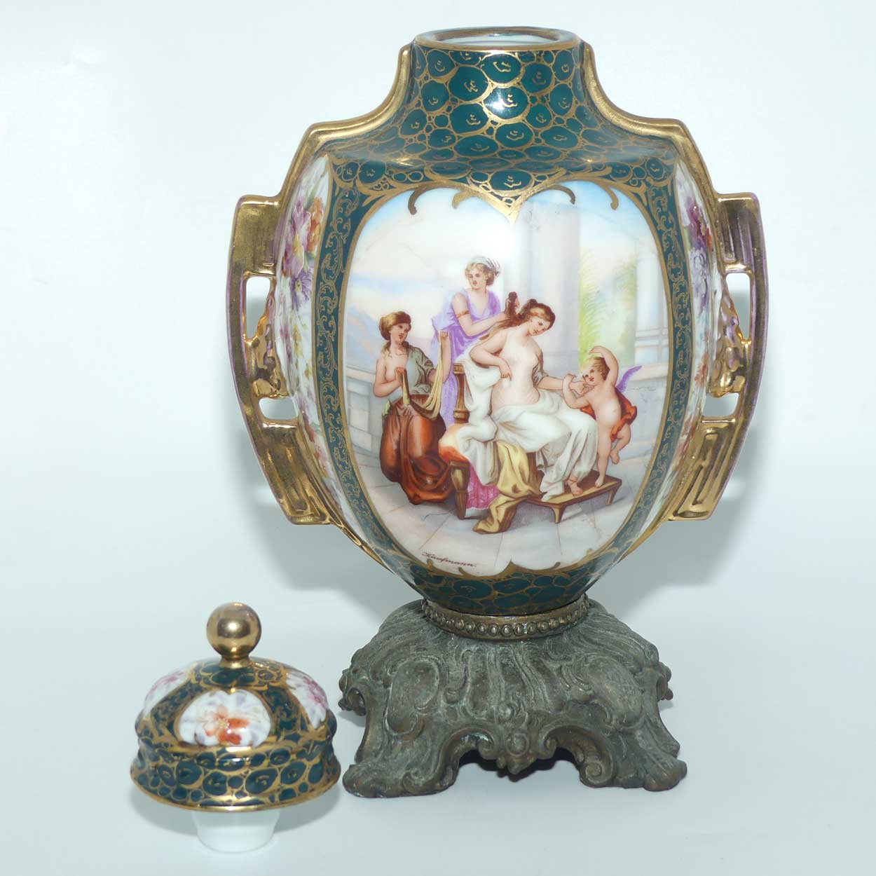 19th Century Porcelain Lidded Urn with Neoclassical scenes on Spelter base