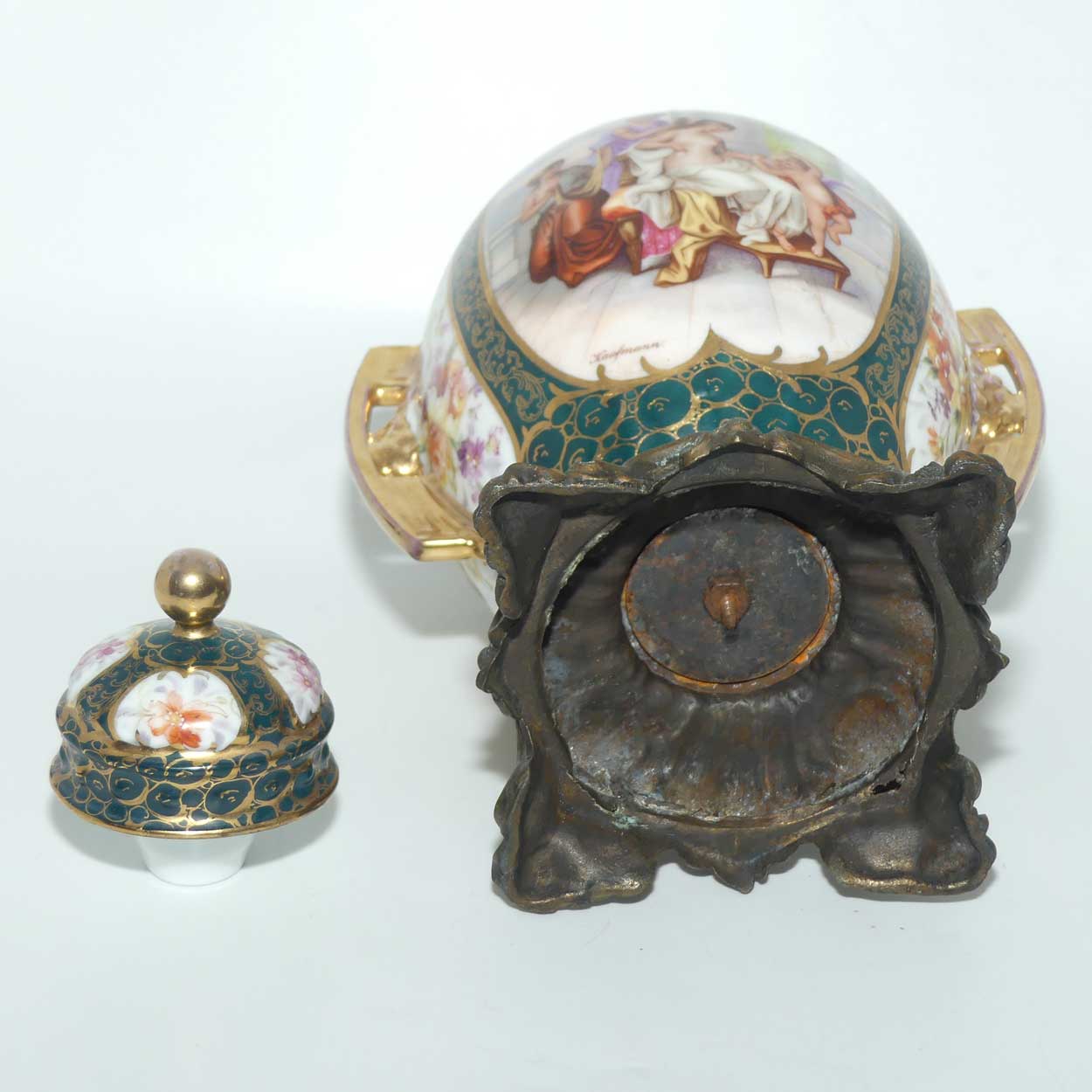 19th Century Porcelain Lidded Urn with Neoclassical scenes on Spelter base