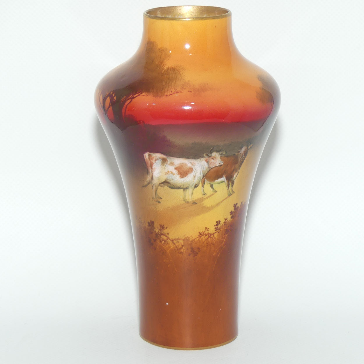Royal Doulton hand painted & gilt Cattle unusual shape vase (Kelsall)