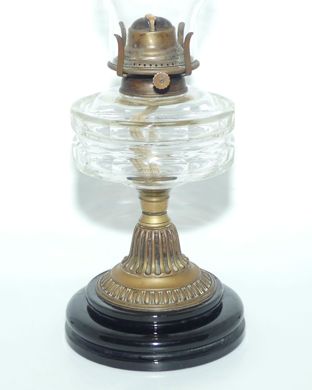 Victorian facetted Crystal font Oil Lamp | Brass Column on Black Terracotta base