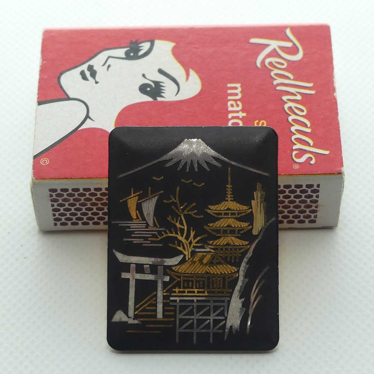 Japanese Amita Damascene Mt Fuji brooch