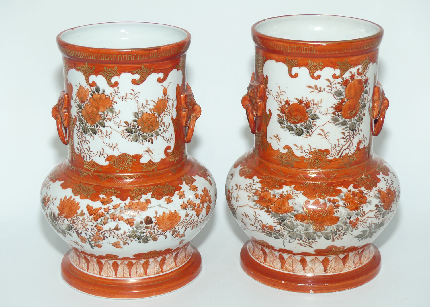 Pair of Japanese Kutani vases | Floral Decoration with figural handles | signed to base