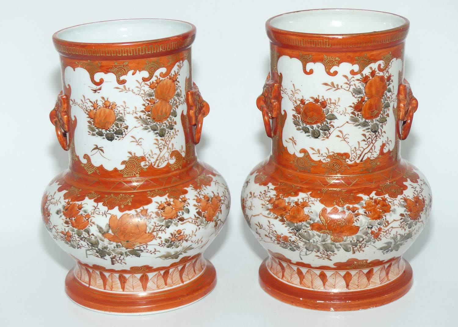 Pair of Japanese Kutani vases | Floral Decoration with figural handles | signed to base