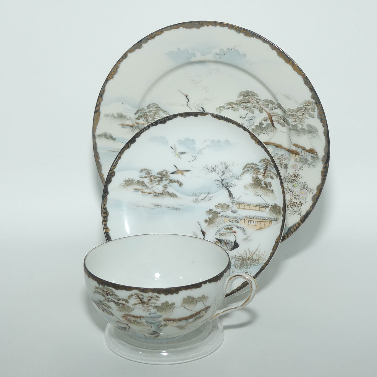 Japanese Egg Shell finely decorated Kutani tea trio 
