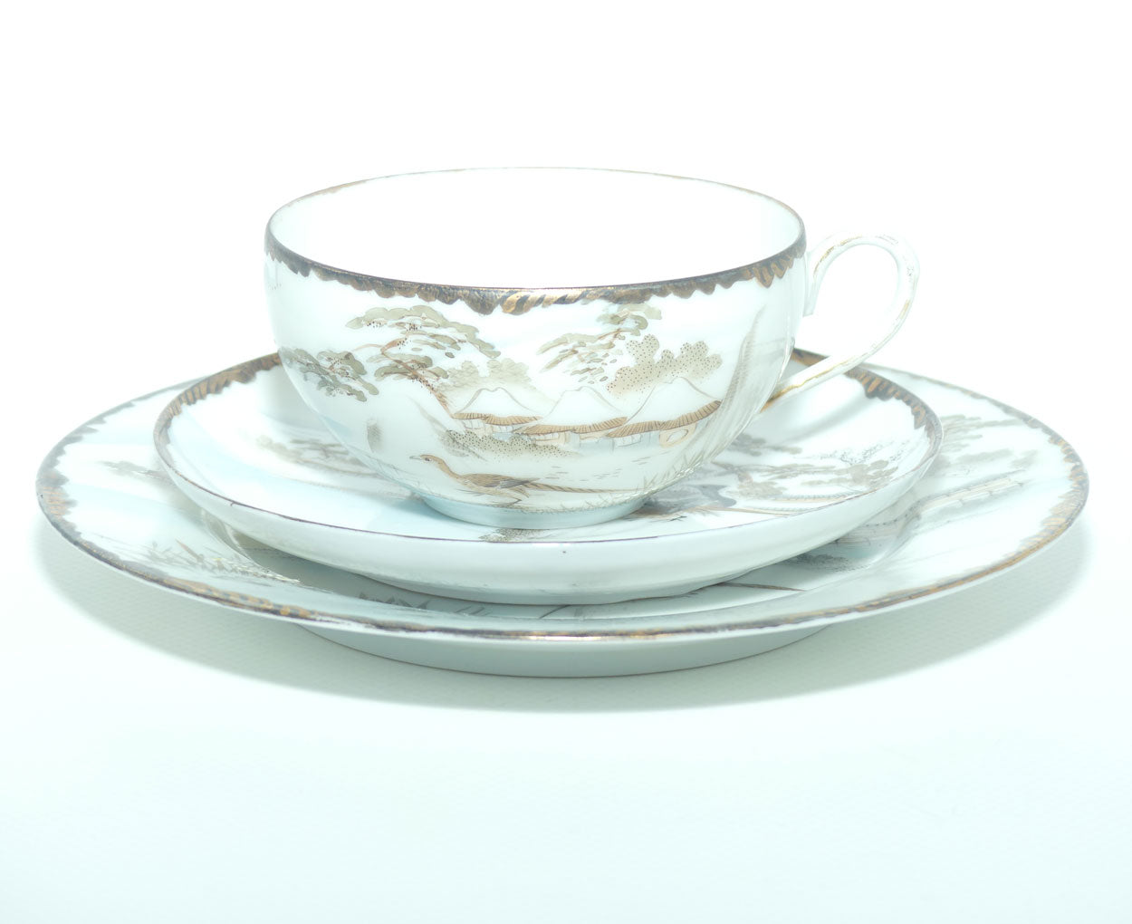 Japanese Egg Shell finely decorated Kutani tea trio 