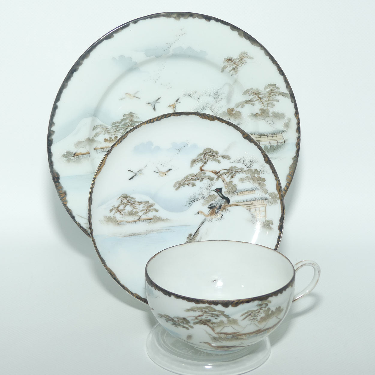 Japanese Egg Shell finely decorated Kutani tea trio 