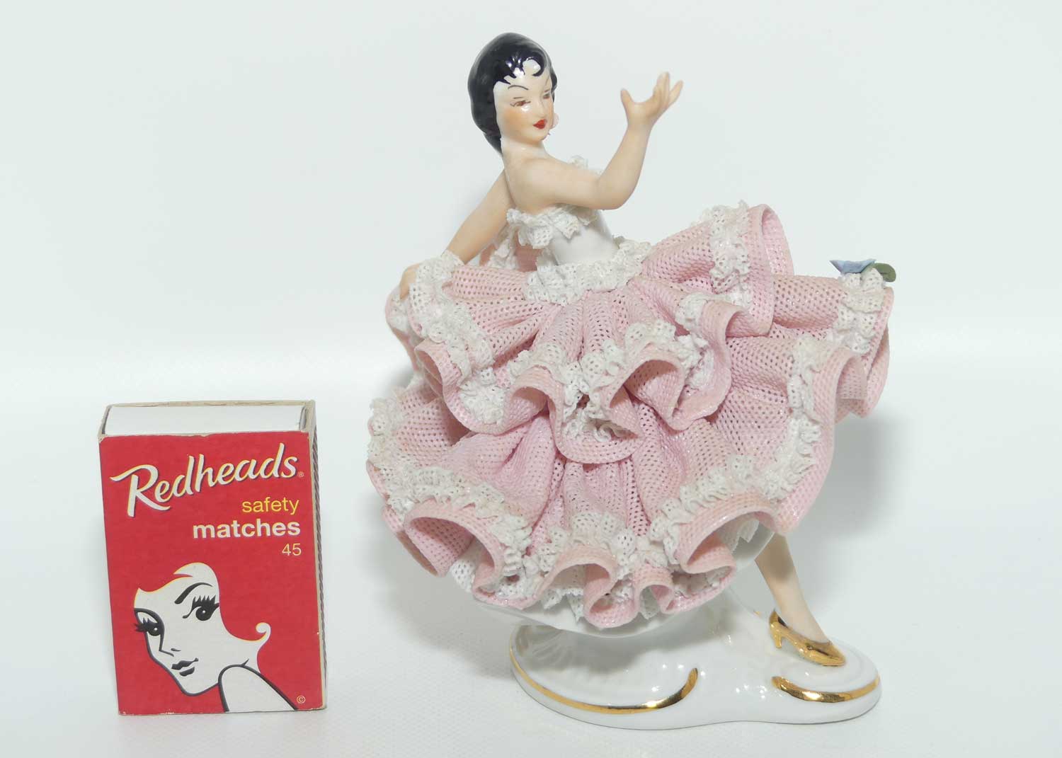 Dresden Sandizell Lace Dancer figurine | Hand Outstretched | Pink Floral Dress