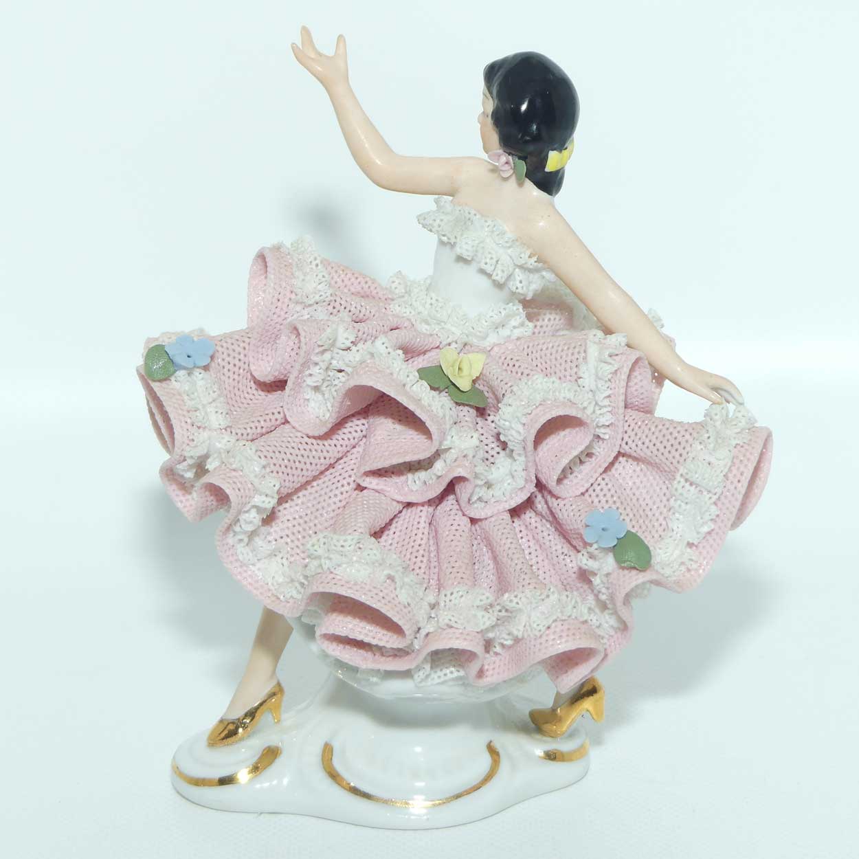 Dresden Sandizell Lace Dancer figurine | Hand Outstretched | Pink Floral Dress