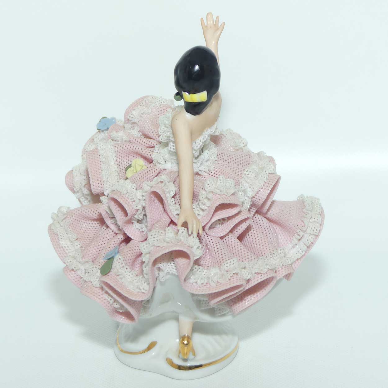Dresden Sandizell Lace Dancer figurine | Hand Outstretched | Pink Floral Dress