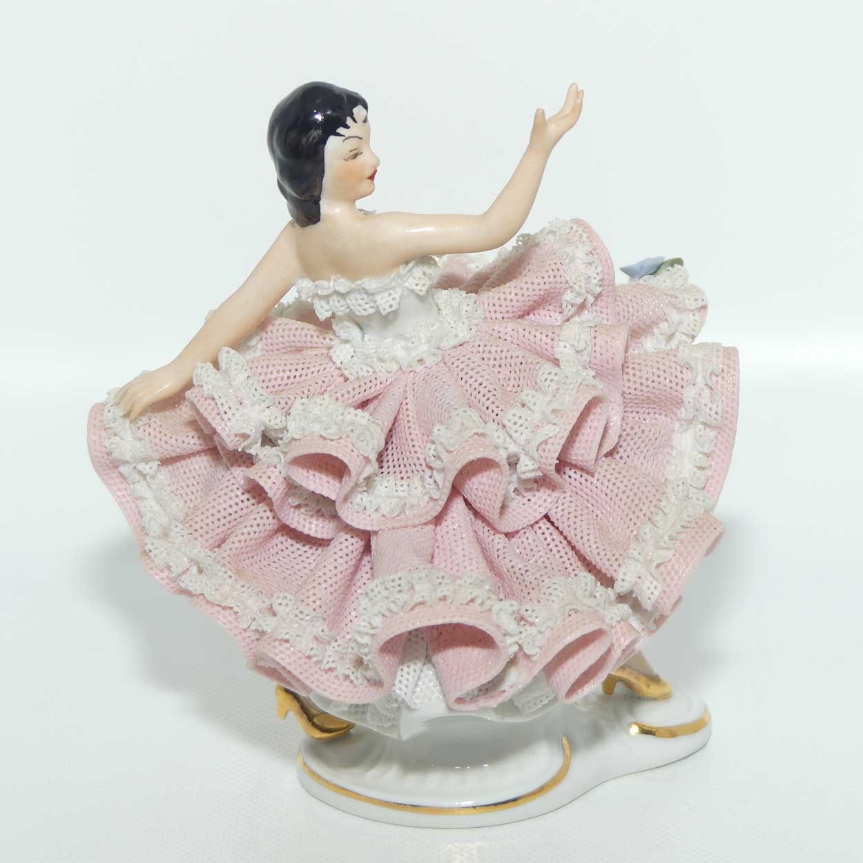 Dresden Sandizell Lace Dancer figurine | Hand Outstretched | Pink Floral Dress