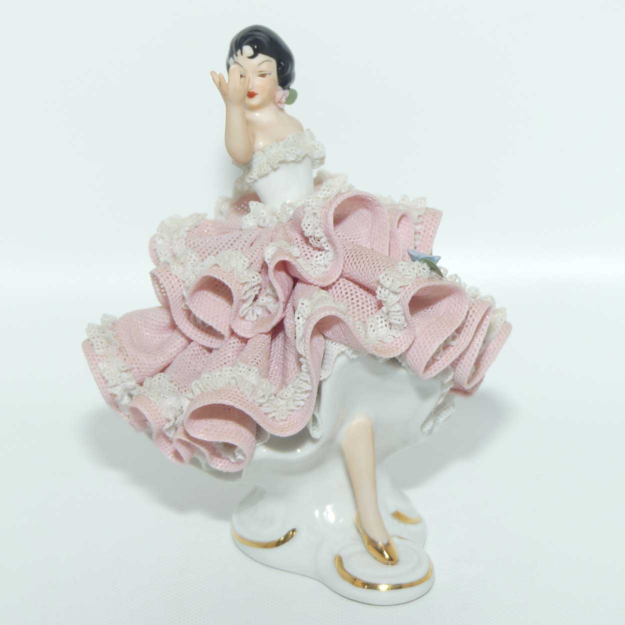 Dresden Sandizell Lace Dancer figurine | Hand Outstretched | Pink Floral Dress