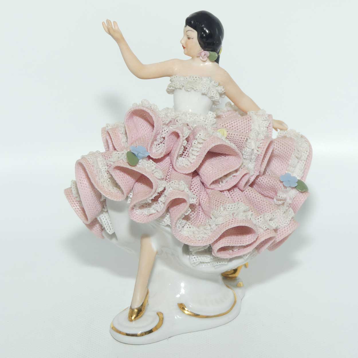 Dresden Sandizell Lace Dancer figurine | Hand Outstretched | Pink Floral Dress