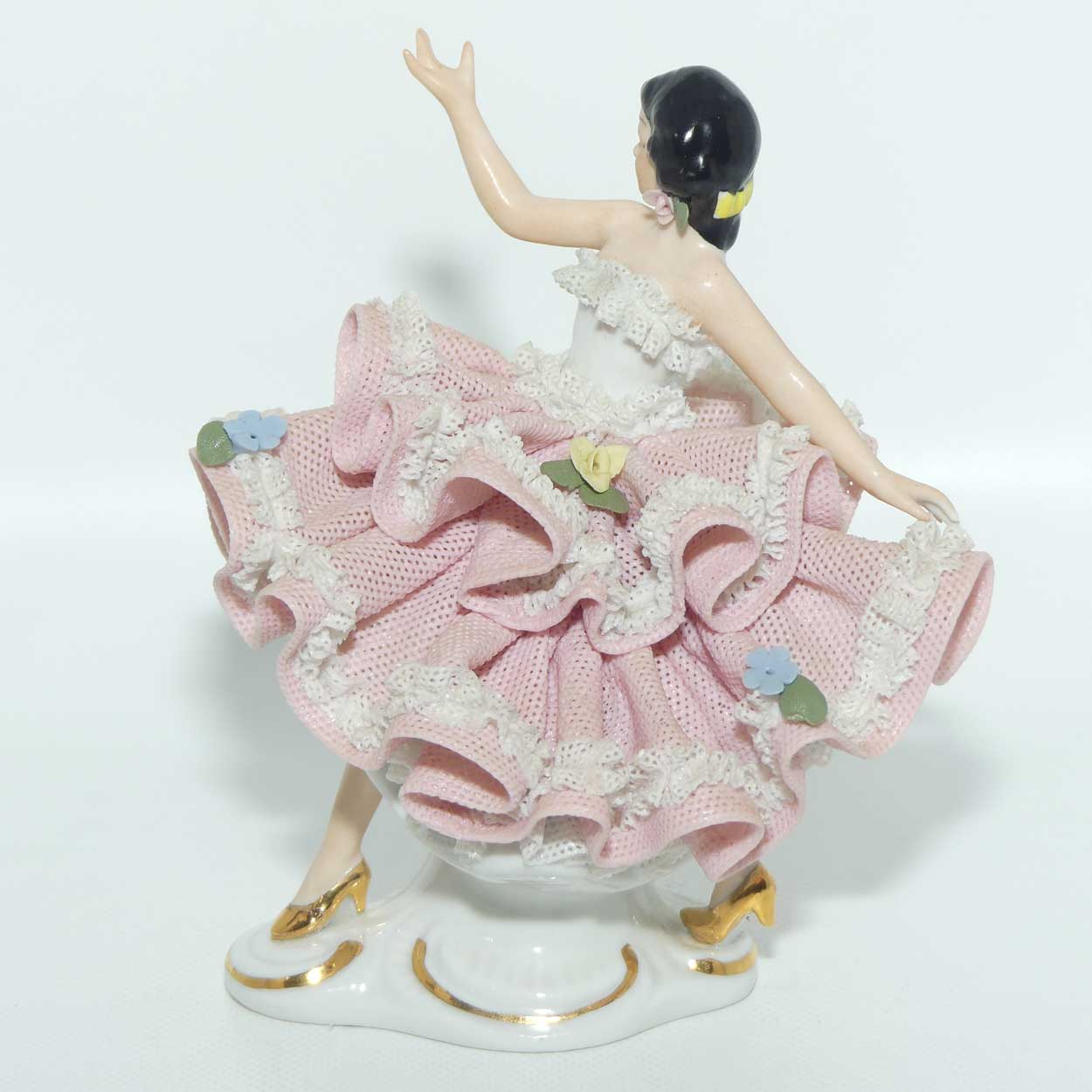Dresden Sandizell Lace Dancer figurine | Hand Outstretched | Pink Floral Dress