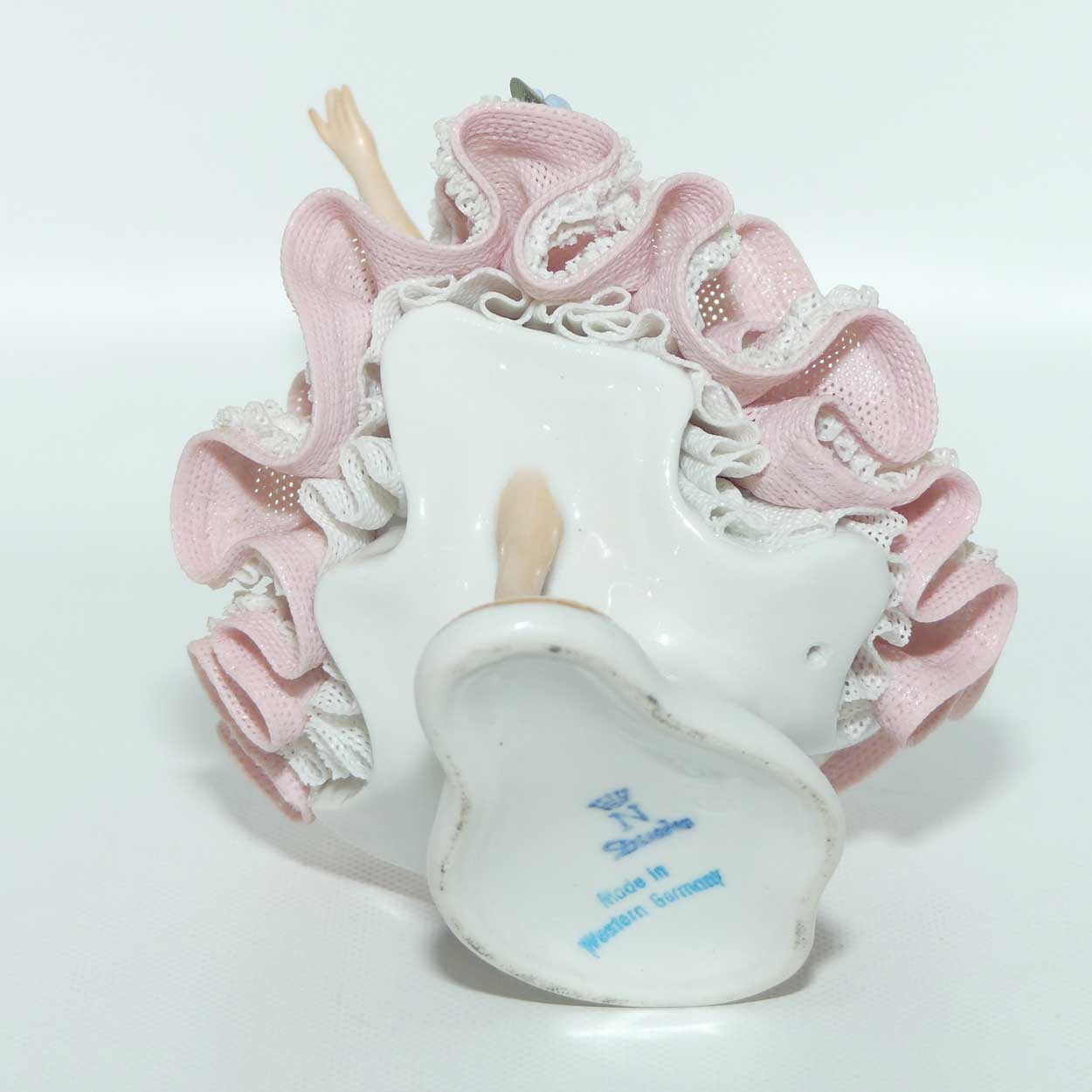 Dresden Sandizell Lace Dancer figurine | Hand Outstretched | Pink Floral Dress