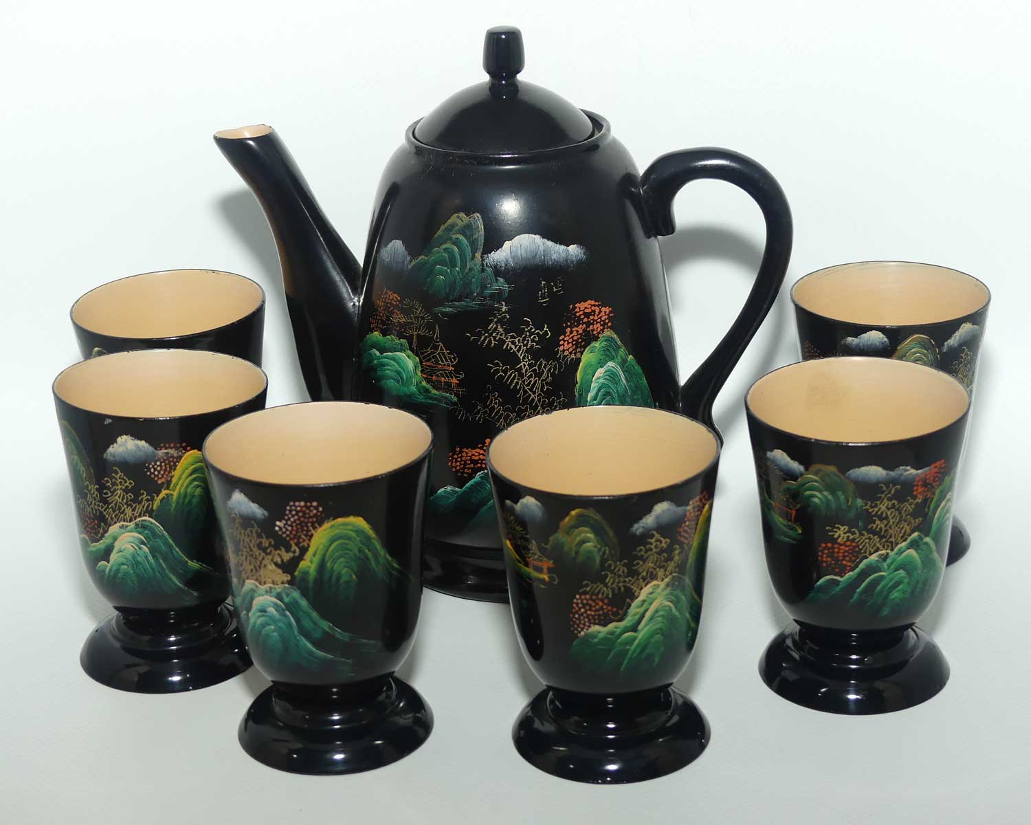 Handpainted Japanese Lacquerware teapot and 6 cups set | Urushi