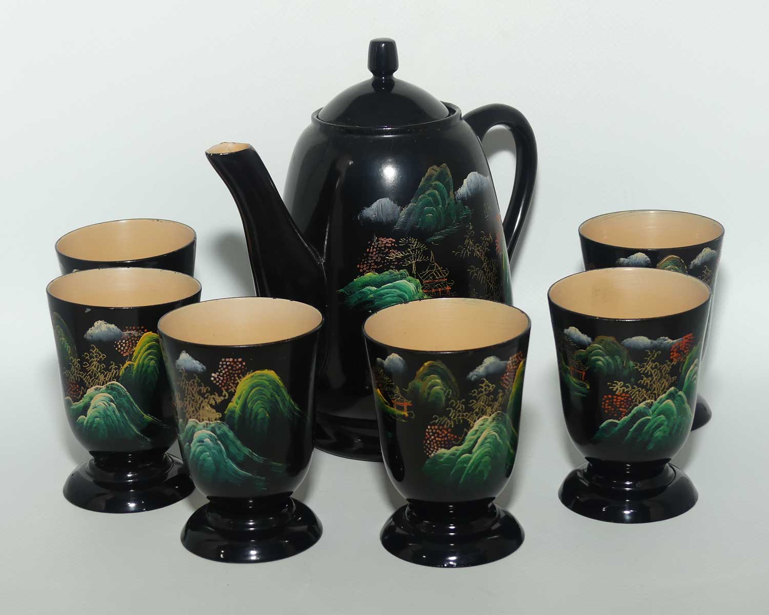 Handpainted Japanese Lacquerware teapot and 6 cups set | Urushi