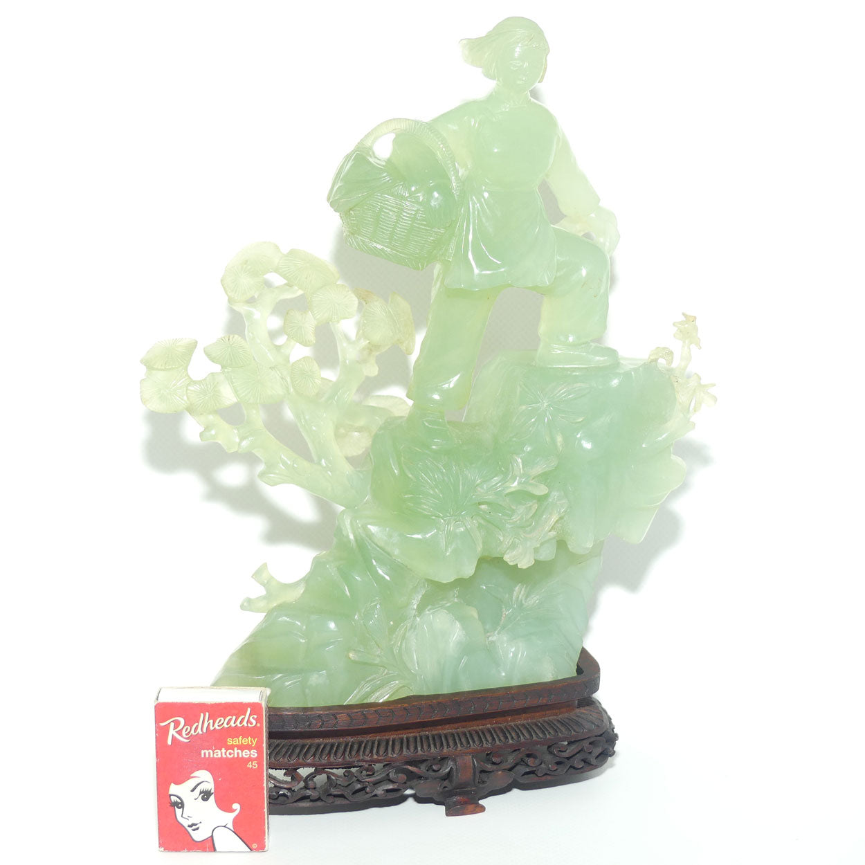 Mid 20th Century Chinese Nephrite Green Jade Lady with Basket on stand