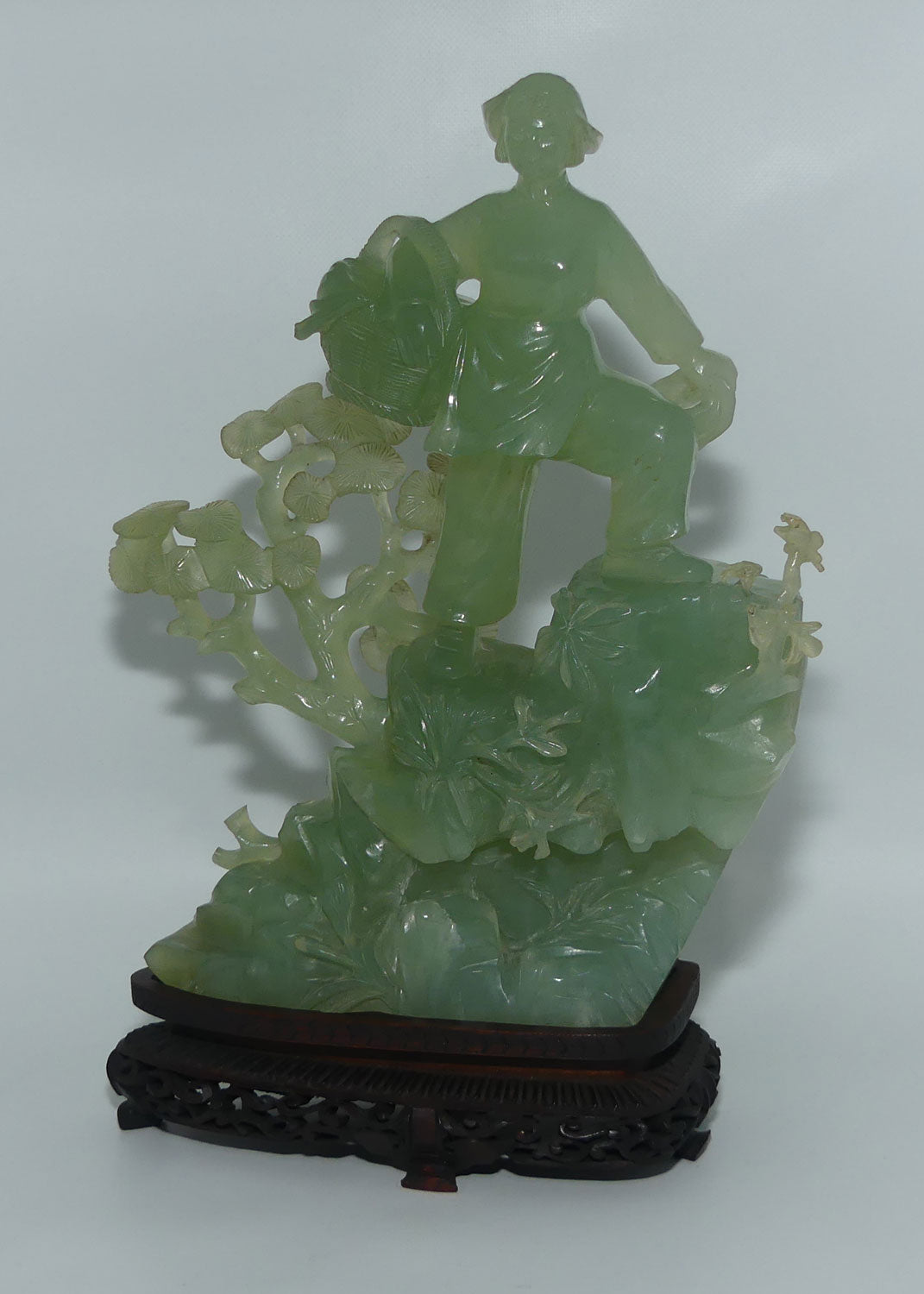 Mid 20th Century Chinese Nepthrite Green Jade Lady with Basket on stand