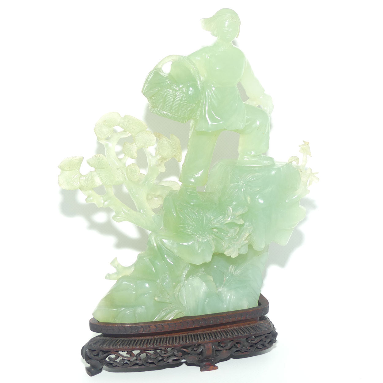 Mid 20th Century Chinese Nephrite Green Jade Lady with Basket on stand