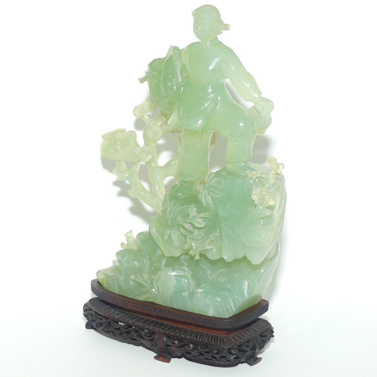 Mid 20th Century Chinese Nephrite Green Jade Lady with Basket on stand