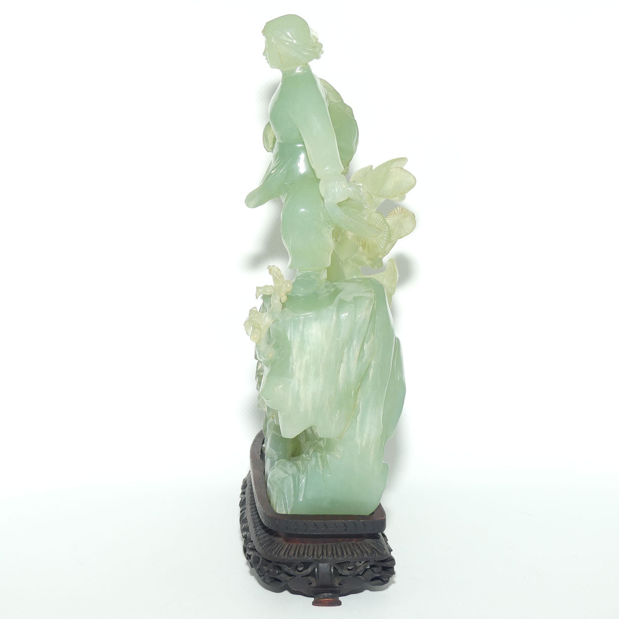 Mid 20th Century Chinese Nephrite Green Jade Lady with Basket on stand