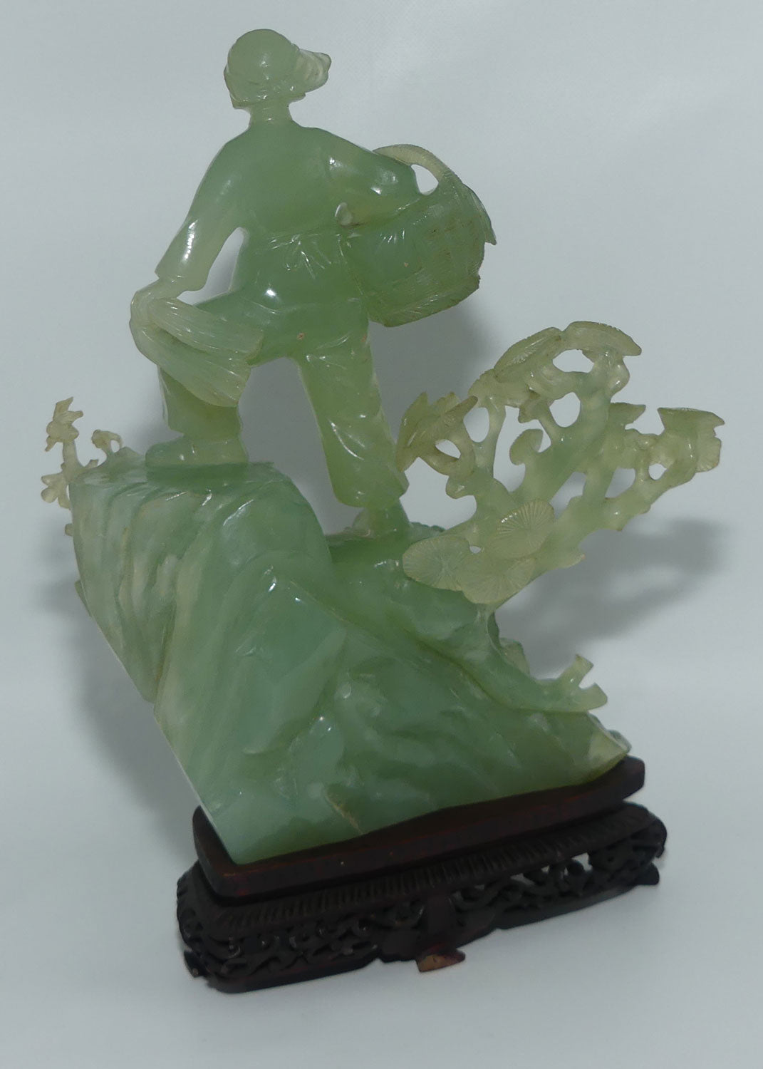Mid 20th Century Chinese Nepthrite Green Jade Lady with Basket on stand