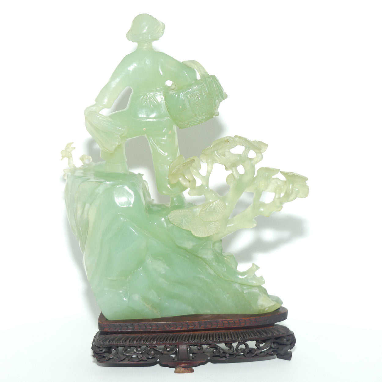 Mid 20th Century Chinese Nephrite Green Jade Lady with Basket on stand