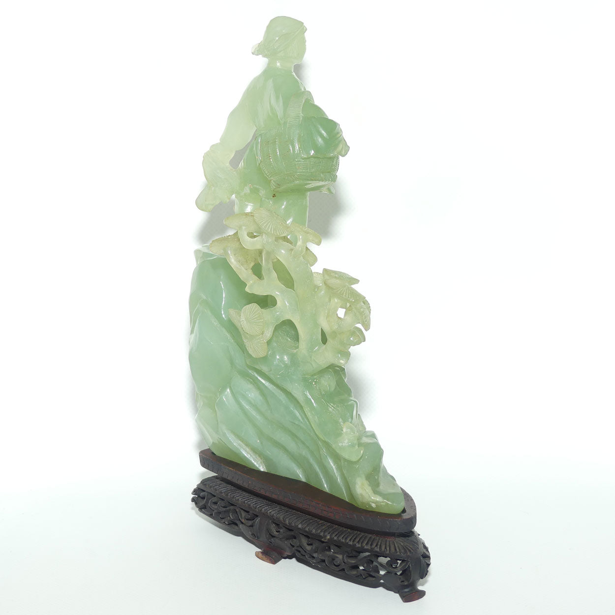 Mid 20th Century Chinese Nephrite Green Jade Lady with Basket on stand