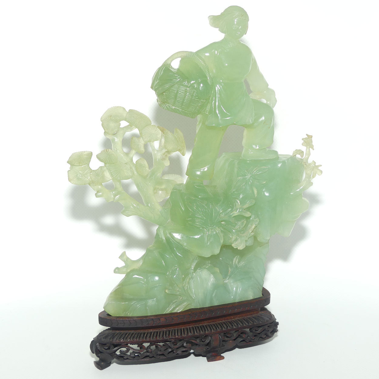 Mid 20th Century Chinese Nephrite Green Jade Lady with Basket on stand