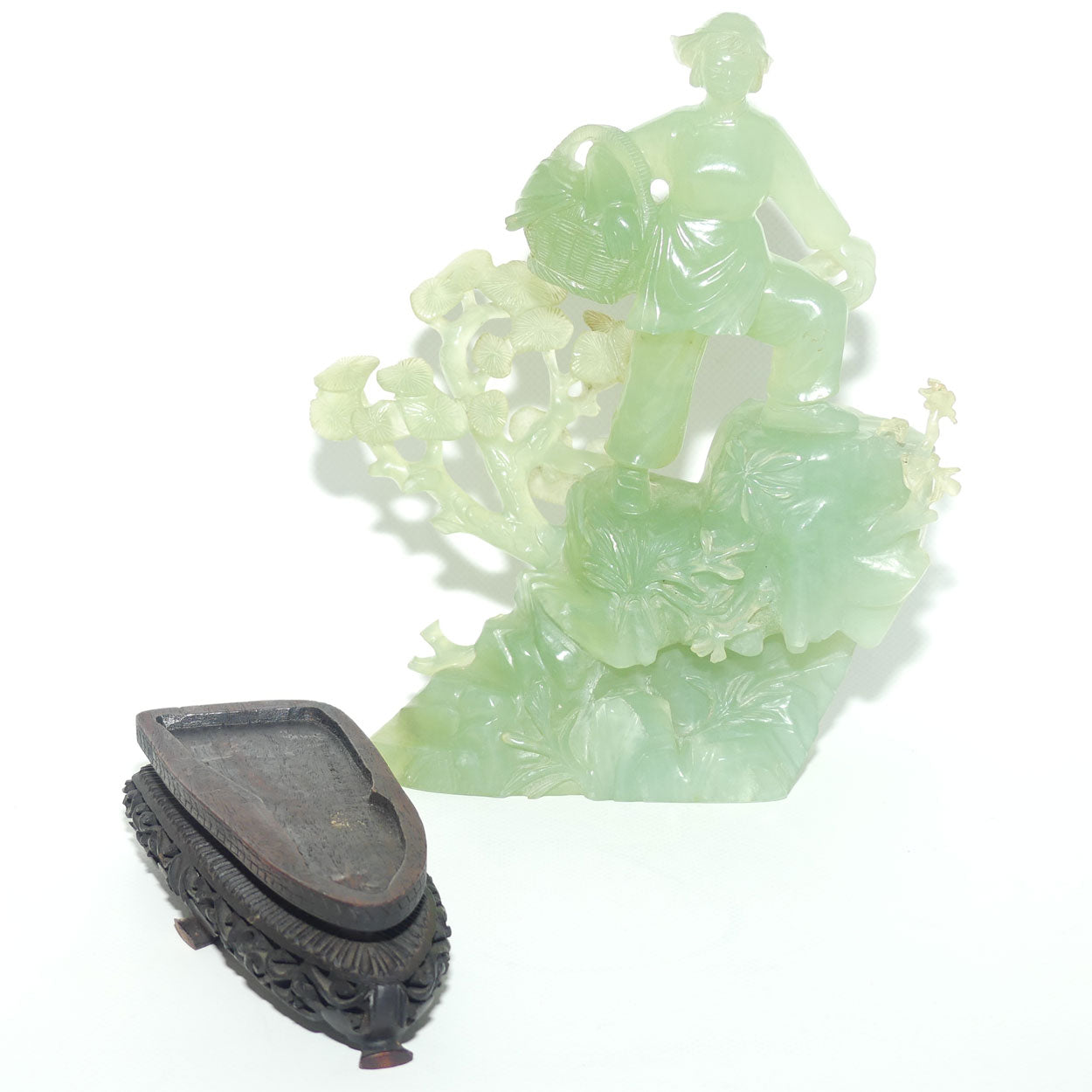 Mid 20th Century Chinese Nephrite Green Jade Lady with Basket on stand