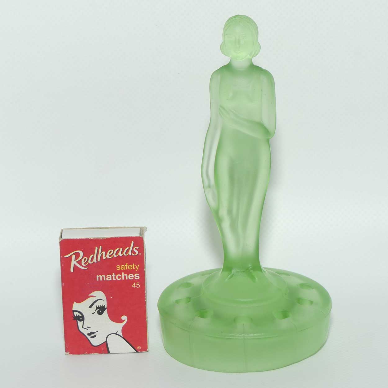 Müller & Co Art Deco Green Glass | Uranium Glass Nude Lady Figurine