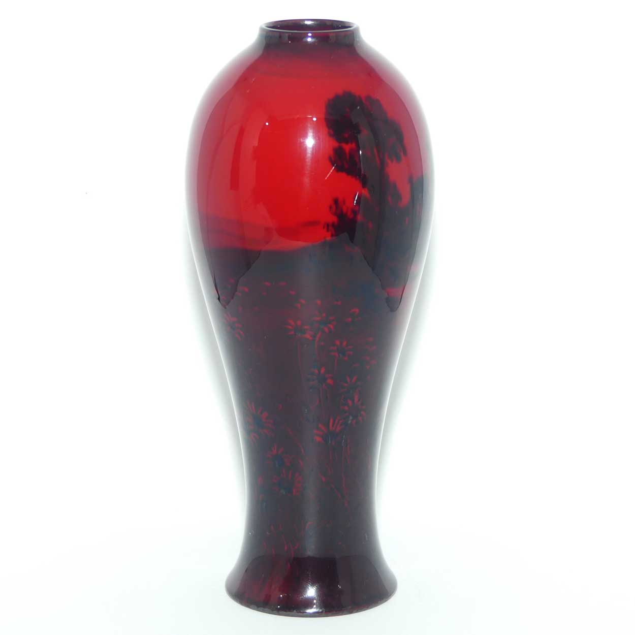 Royal Doulton Flambe slender reverse tapering vase | Lake and Daisy scene | 19cm