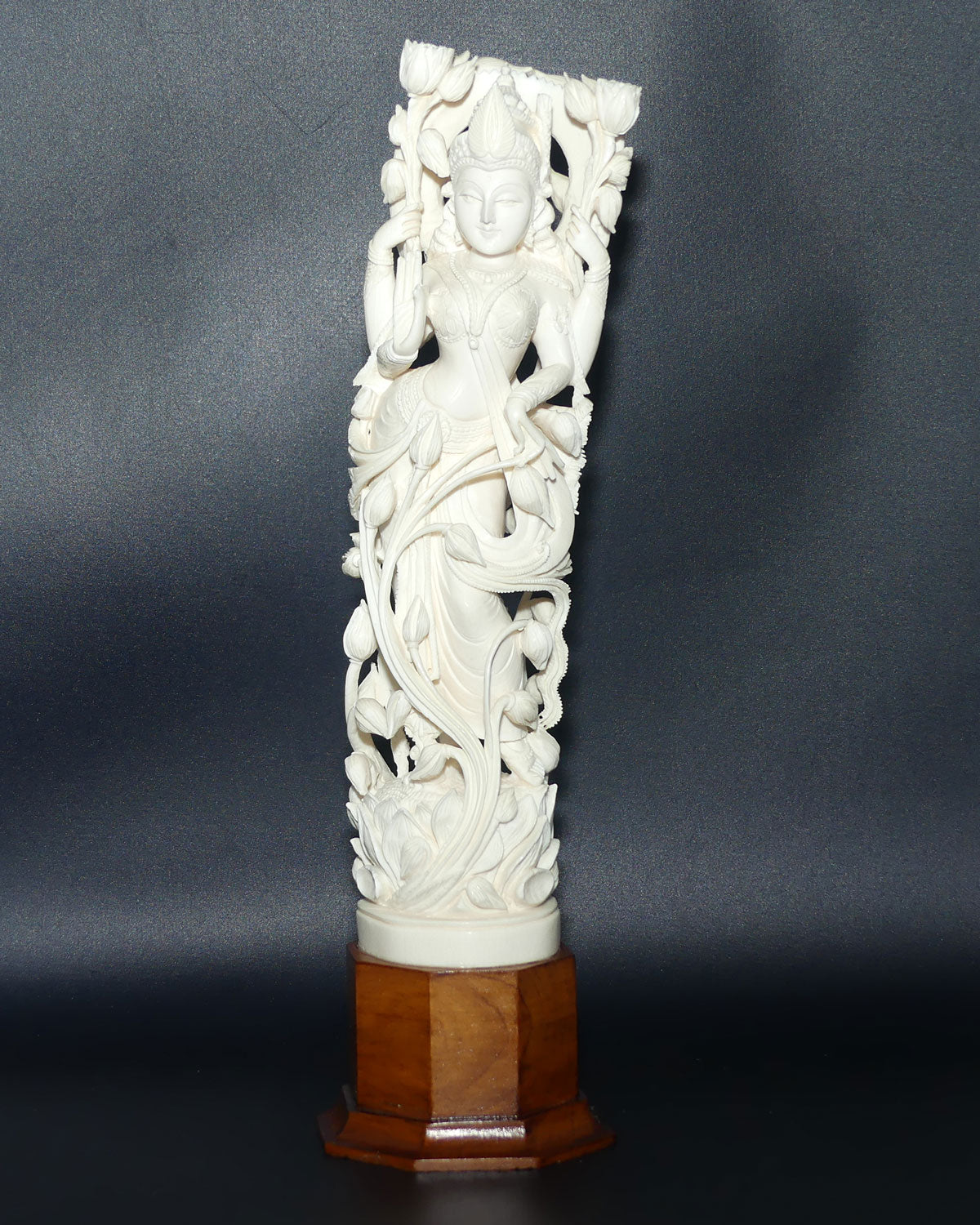 Magnificent Indian Carved Ivory figure on wooden base | Goddess Lakshmi