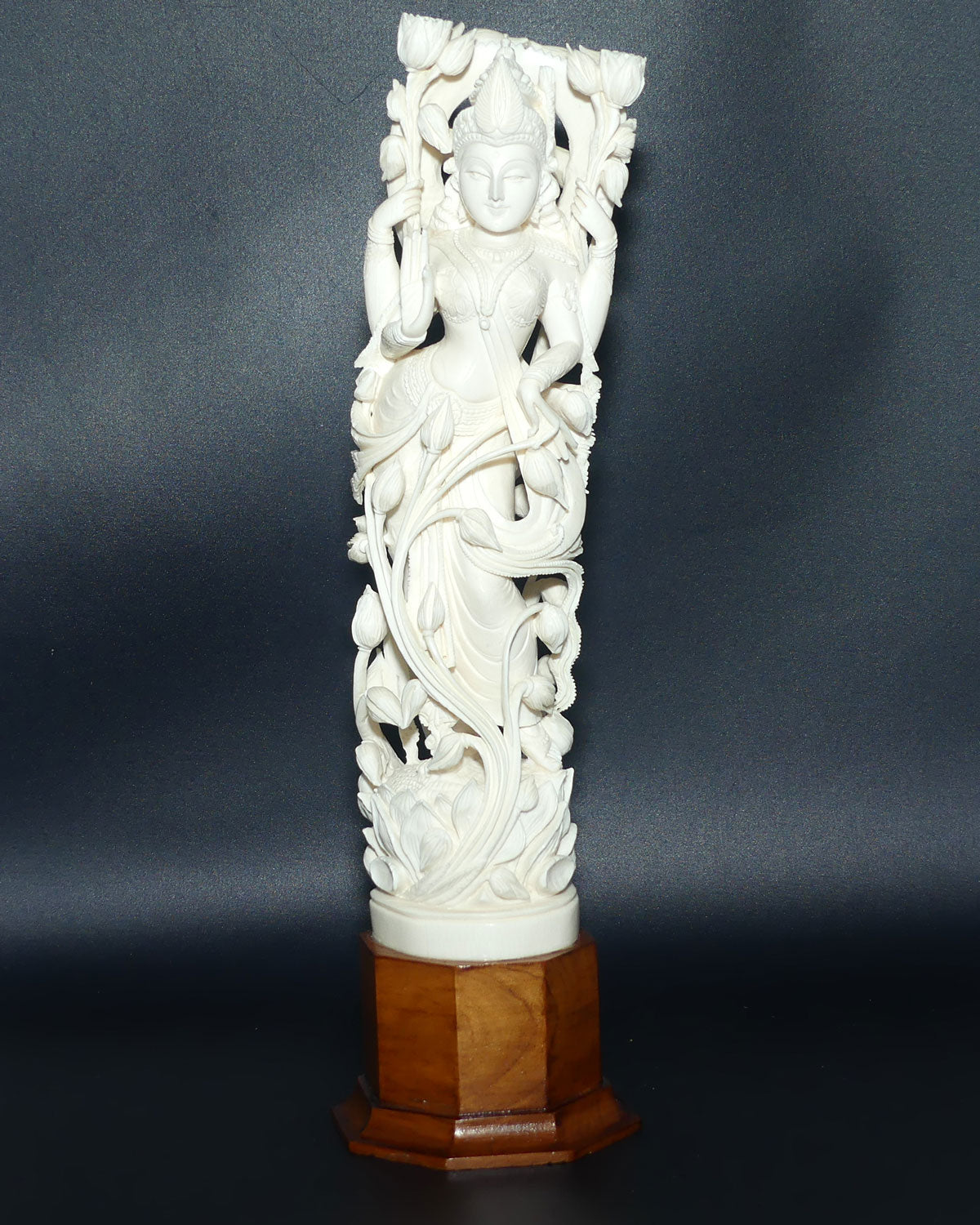 Magnificent Indian Carved Ivory figure on wooden base | Goddess Lakshmi