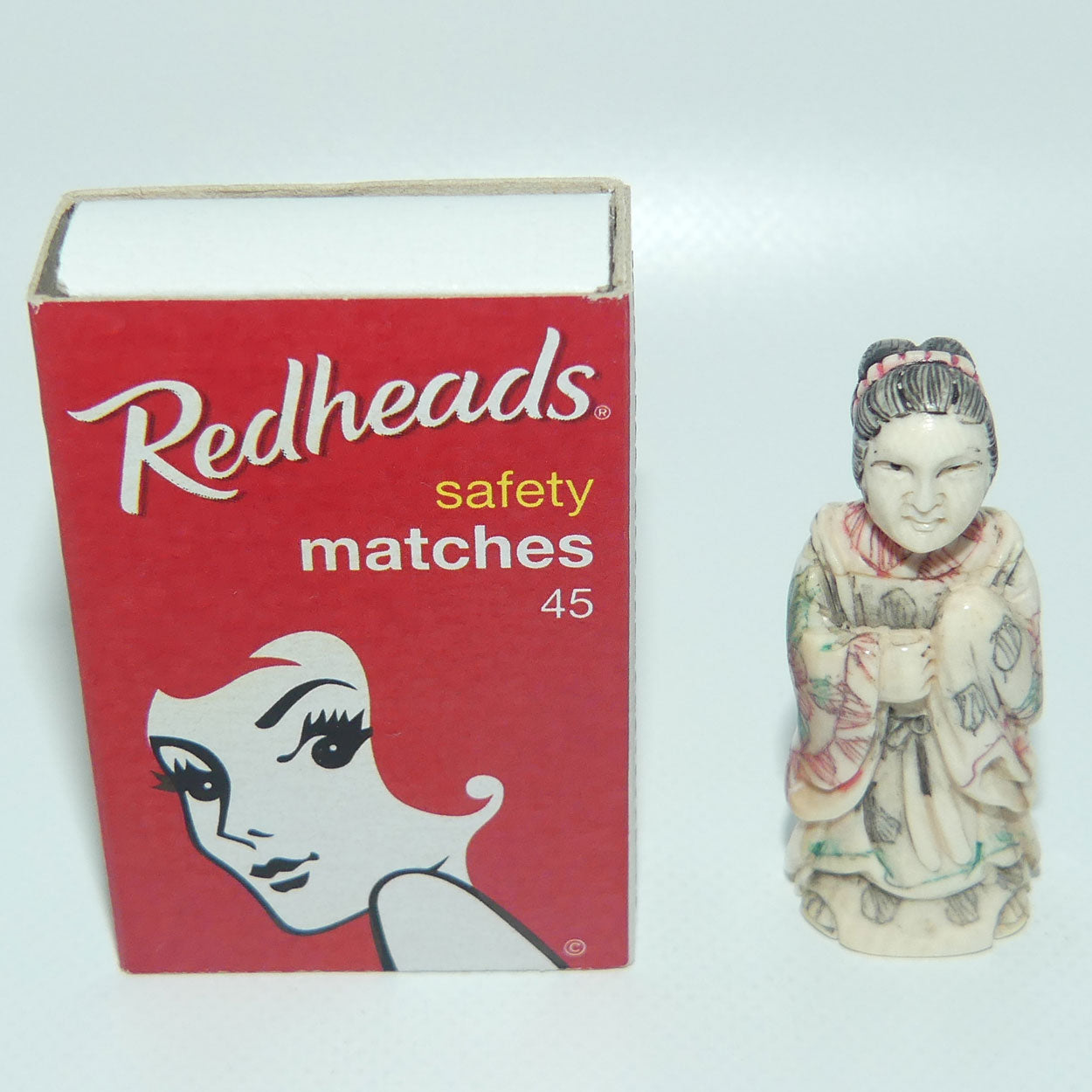 Japanese Carved Ivory and Bone miniature Okimono of Geisha