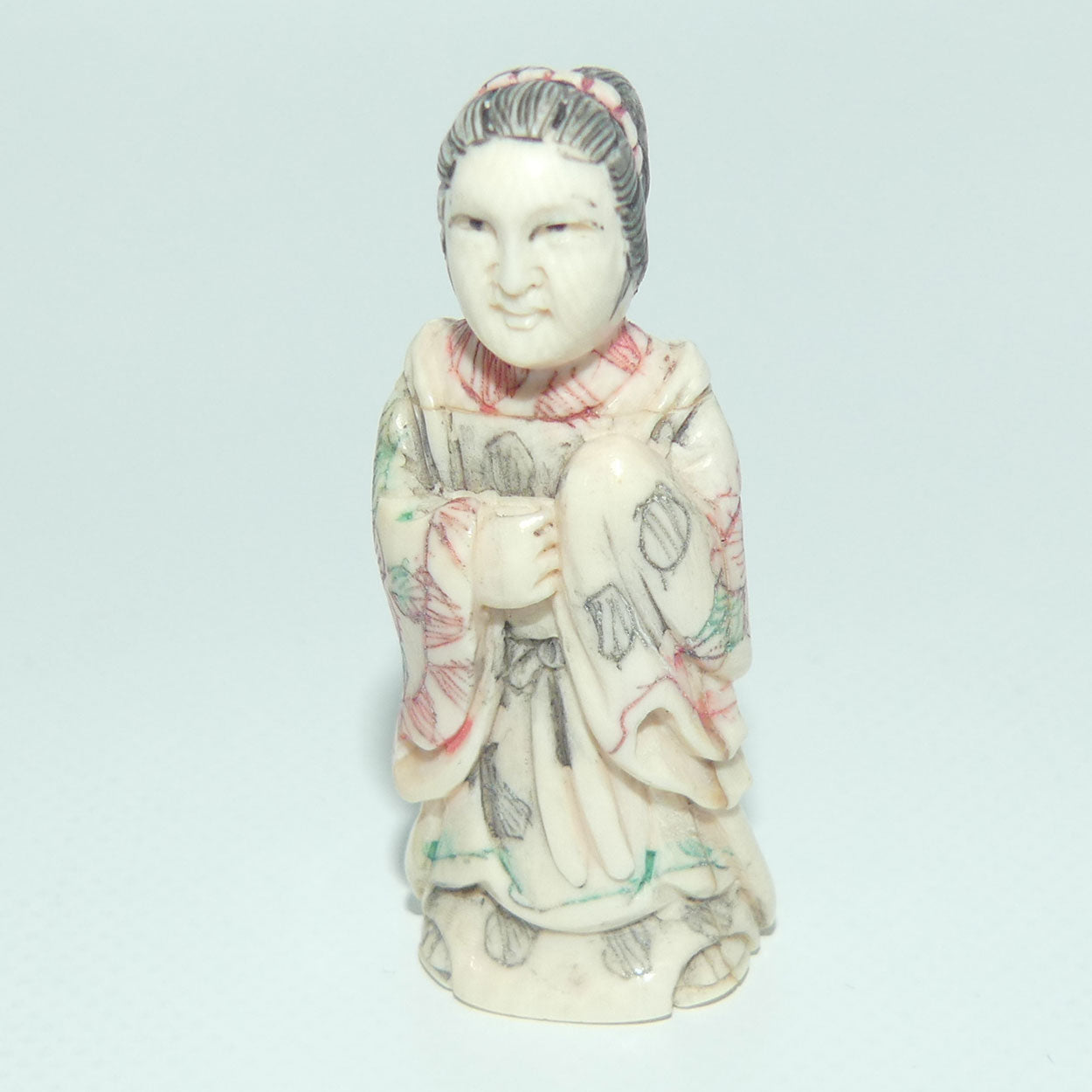 Japanese Carved Ivory and Bone miniature Okimono of Geisha